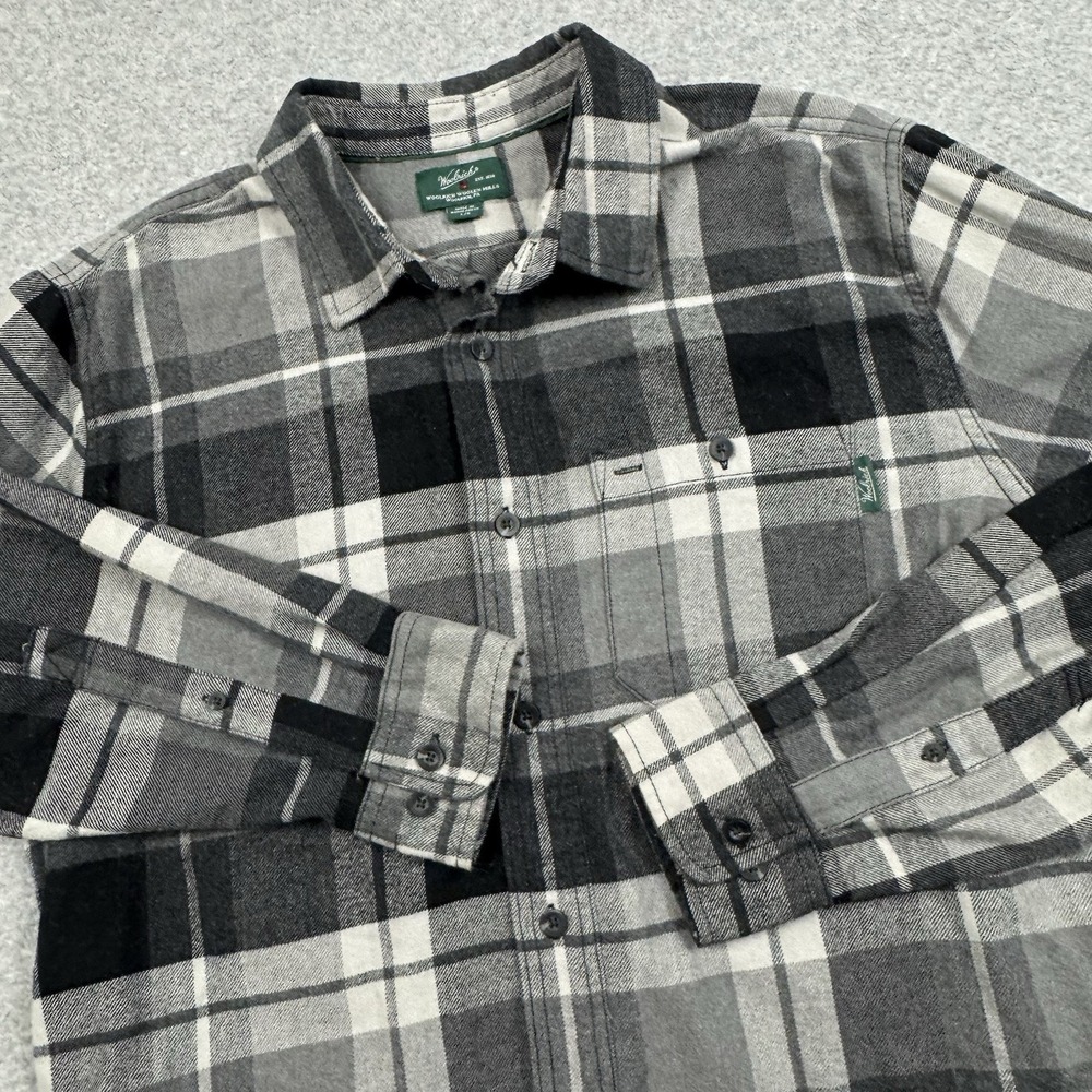 Woolrich Black Gray Plaid Flannel‎ Shirt Long Sleeve Button Up Large Fall Grunge